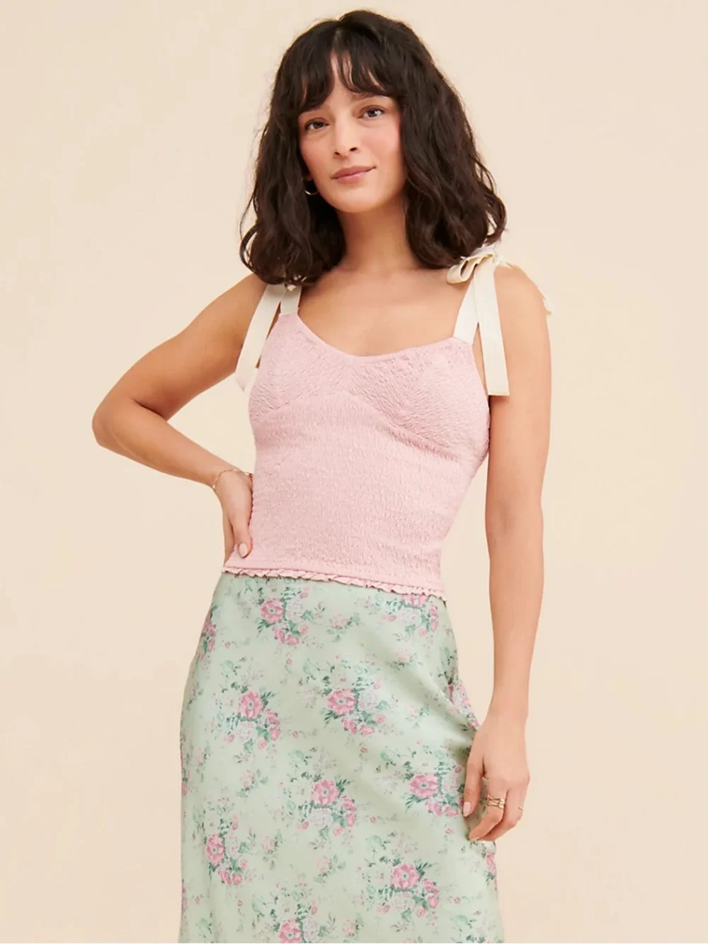 FREE PEOPLE Dawn Smocked Top w/ Ribbons Pink Size Large NWT